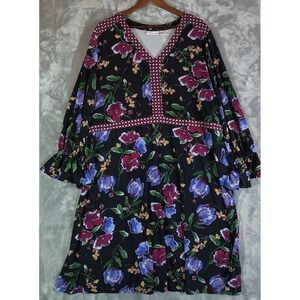 Susan Graver Liquid Knit Dress 3X Black Vibrant Floral Border Print V-Neck